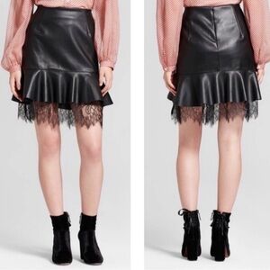 Zara Black Faux Leather Mini Skirt with Lace Hem